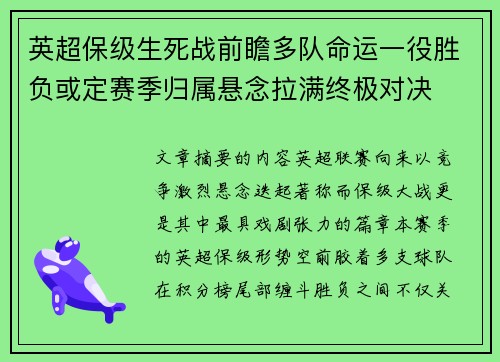 英超保级生死战前瞻多队命运一役胜负或定赛季归属悬念拉满终极对决